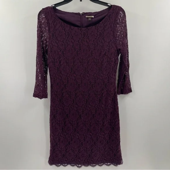 Dana Buchman Wine Colored Lace Lined Long Sleeve Mini Zip Back Scoop Neck Dress - Picture 1 of 10